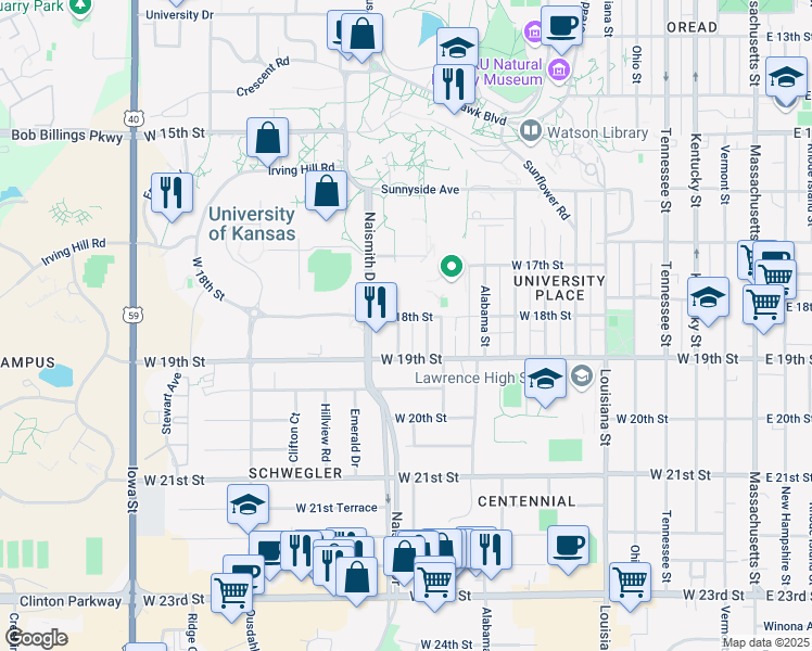 map of restaurants, bars, coffee shops, grocery stores, and more near 1816 Arkansas Street in Lawrence