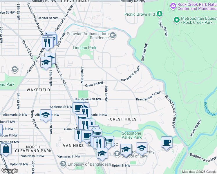 map of restaurants, bars, coffee shops, grocery stores, and more near 4719 30th St NW in Washington