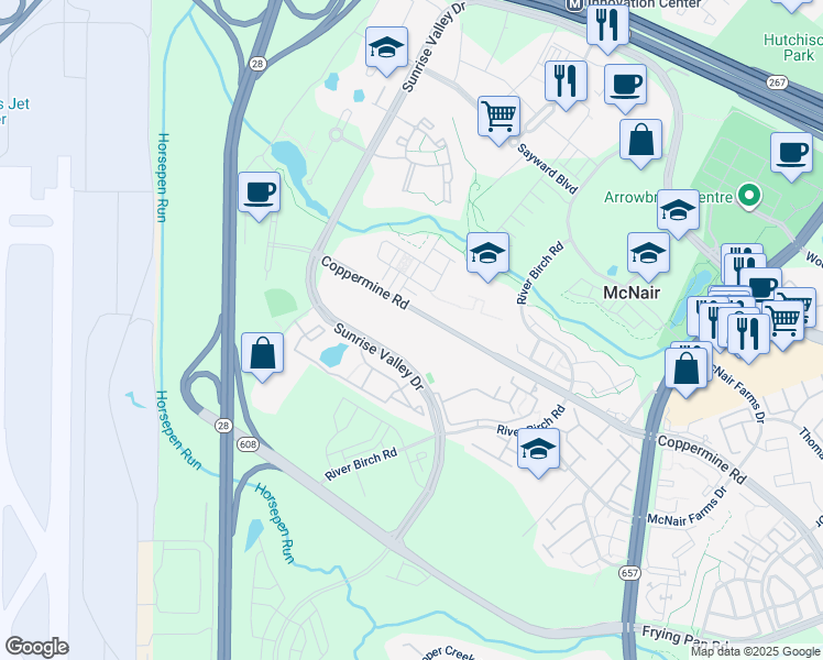 map of restaurants, bars, coffee shops, grocery stores, and more near 13861 Sunrise Valley Drive in Herndon