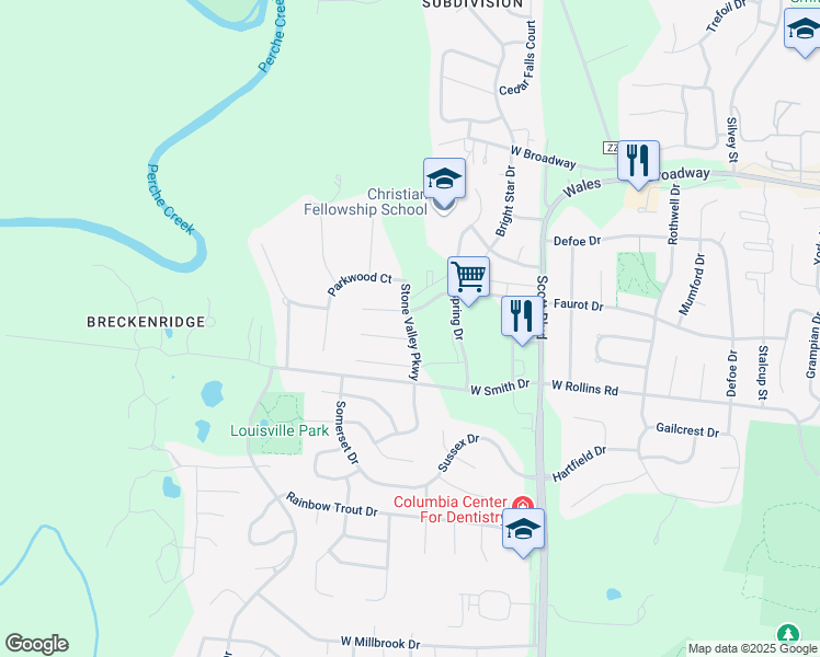 map of restaurants, bars, coffee shops, grocery stores, and more near Stone Valley Parkway in Columbia
