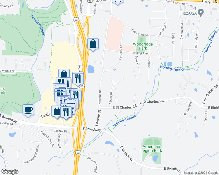 map of restaurants, bars, coffee shops, grocery stores, and more near 101 Albany Drive in Columbia