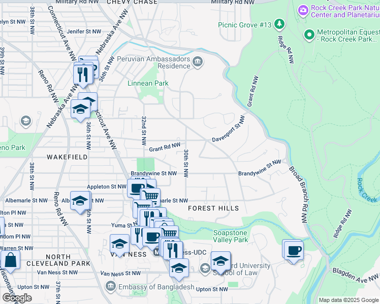 map of restaurants, bars, coffee shops, grocery stores, and more near 4719 30th St NW in Washington