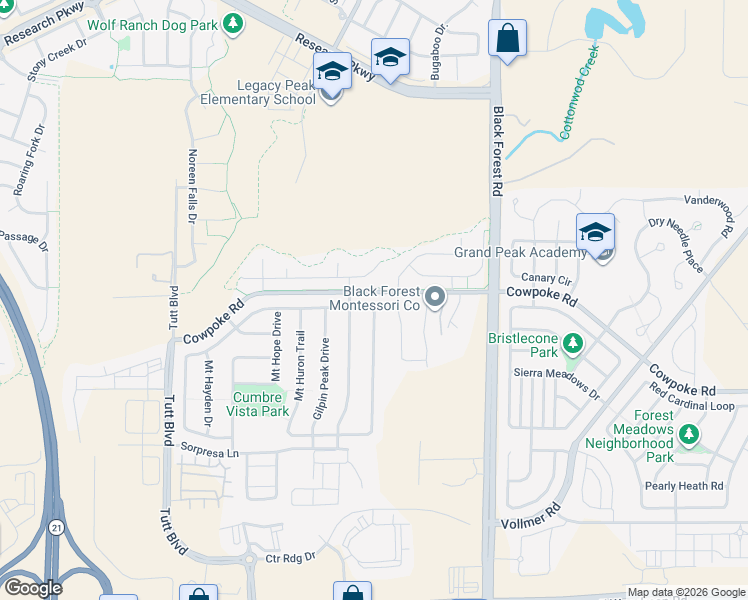 map of restaurants, bars, coffee shops, grocery stores, and more near 6548 Cumbre Vista Way in Colorado Springs