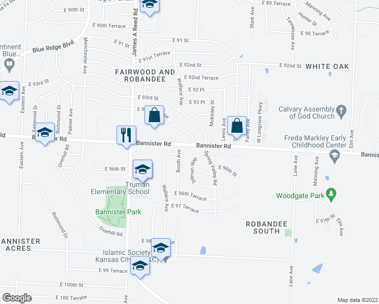 map of restaurants, bars, coffee shops, grocery stores, and more near 9516 Ditman Court in Kansas City
