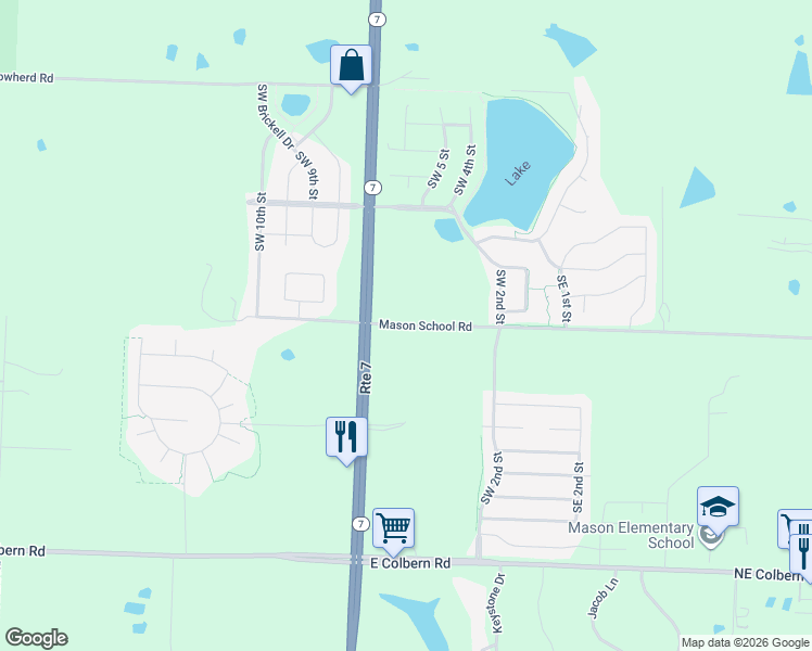 map of restaurants, bars, coffee shops, grocery stores, and more near 26497 Mason School Road in Blue Springs