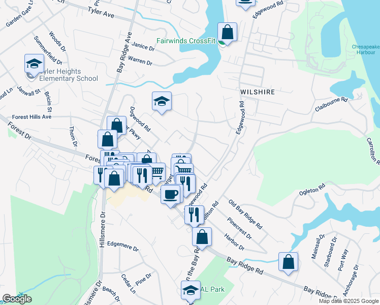map of restaurants, bars, coffee shops, grocery stores, and more near 140 Georgetown Road in Annapolis