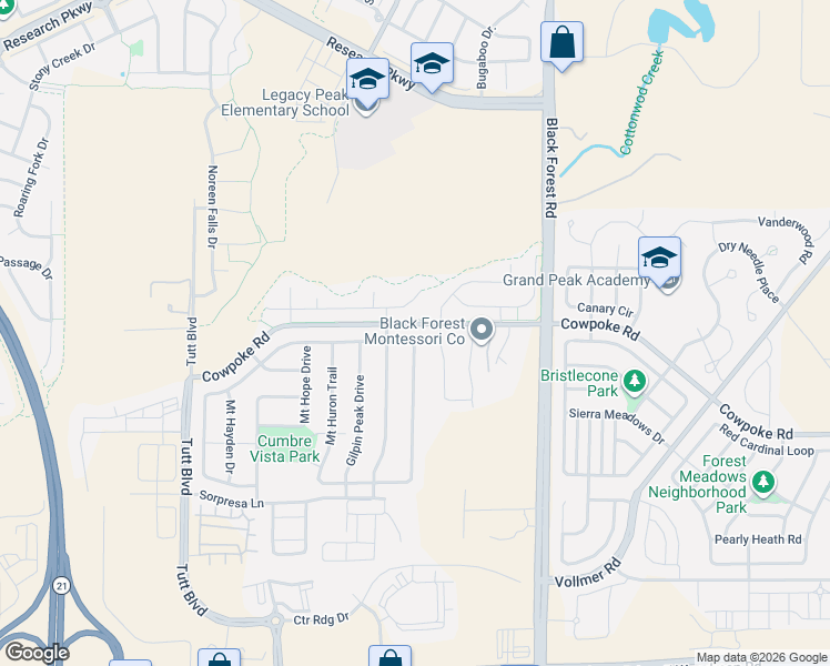 map of restaurants, bars, coffee shops, grocery stores, and more near 6548 Cumbre Vista Way in Colorado Springs