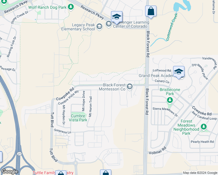 map of restaurants, bars, coffee shops, grocery stores, and more near 6528 Cumbre Vista Way in Colorado Springs