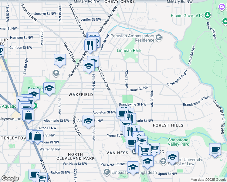 map of restaurants, bars, coffee shops, grocery stores, and more near 4701 Connecticut Avenue Northwest in Washington