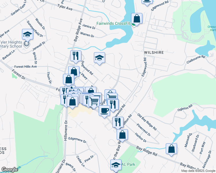 map of restaurants, bars, coffee shops, grocery stores, and more near 1 Doncaster Court in Annapolis