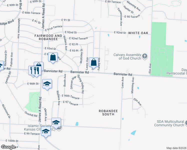 map of restaurants, bars, coffee shops, grocery stores, and more near 8737 Bannister Terrace in Kansas City
