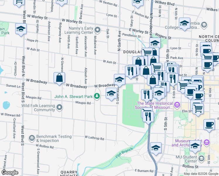 map of restaurants, bars, coffee shops, grocery stores, and more near 113 Crestmere Avenue in Columbia
