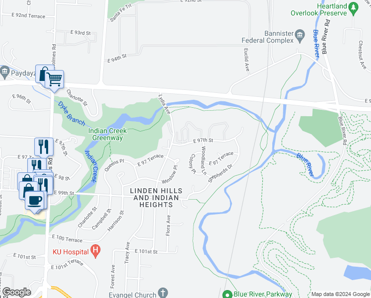 map of restaurants, bars, coffee shops, grocery stores, and more near 1503 East 97th Street in Kansas City