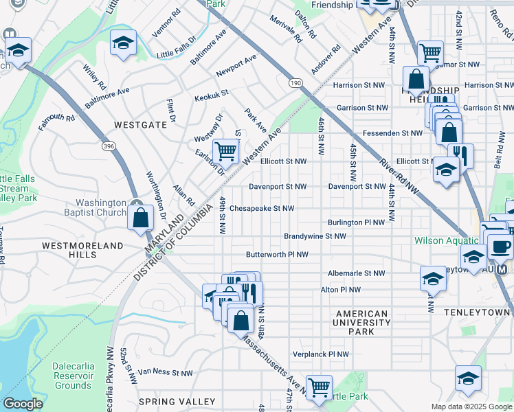map of restaurants, bars, coffee shops, grocery stores, and more near 4801 Chesapeake Street Northwest in Washington