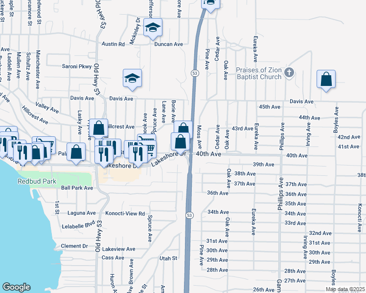 map of restaurants, bars, coffee shops, grocery stores, and more near 4456 Manzanita Avenue in Clearlake