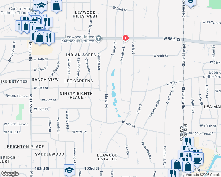 map of restaurants, bars, coffee shops, grocery stores, and more near 9701 Manor Road in Leawood