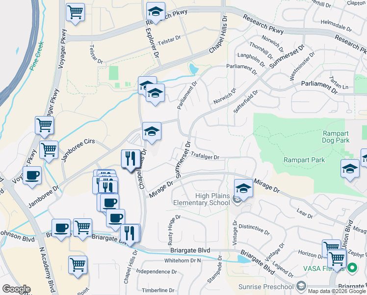 map of restaurants, bars, coffee shops, grocery stores, and more near 2012 Summerset Drive in Colorado Springs