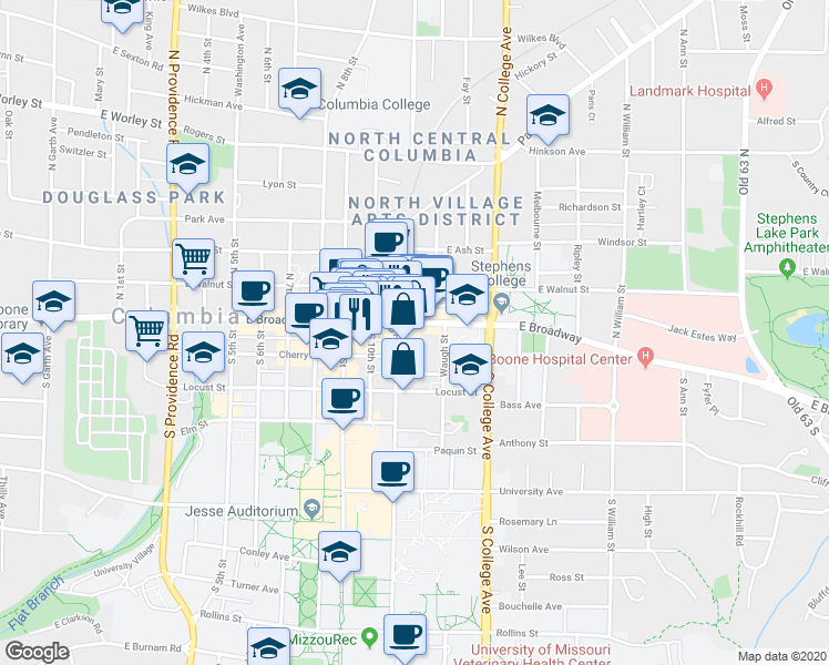 map of restaurants, bars, coffee shops, grocery stores, and more near 100 Hitt Street in Columbia