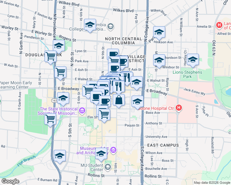 map of restaurants, bars, coffee shops, grocery stores, and more near 100 Hitt Street in Columbia