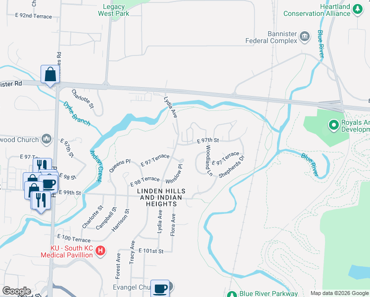 map of restaurants, bars, coffee shops, grocery stores, and more near 9720 Colony Place in Kansas City