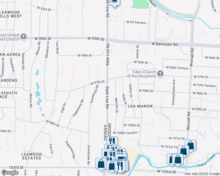map of restaurants, bars, coffee shops, grocery stores, and more near 9805 State Line Road in Kansas City