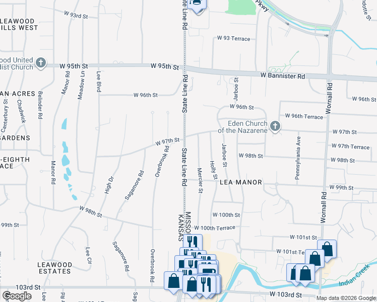 map of restaurants, bars, coffee shops, grocery stores, and more near 9805 State Line Road in Kansas City
