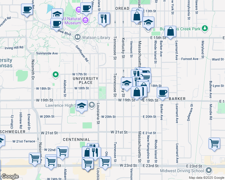 map of restaurants, bars, coffee shops, grocery stores, and more near 1845 Tennessee Street in Lawrence