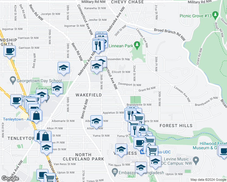 map of restaurants, bars, coffee shops, grocery stores, and more near 4700 Connecticut Avenue Northwest in Washington