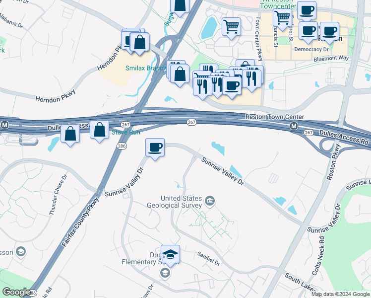 map of restaurants, bars, coffee shops, grocery stores, and more near Sunrise Valley Drive in Fairfax County