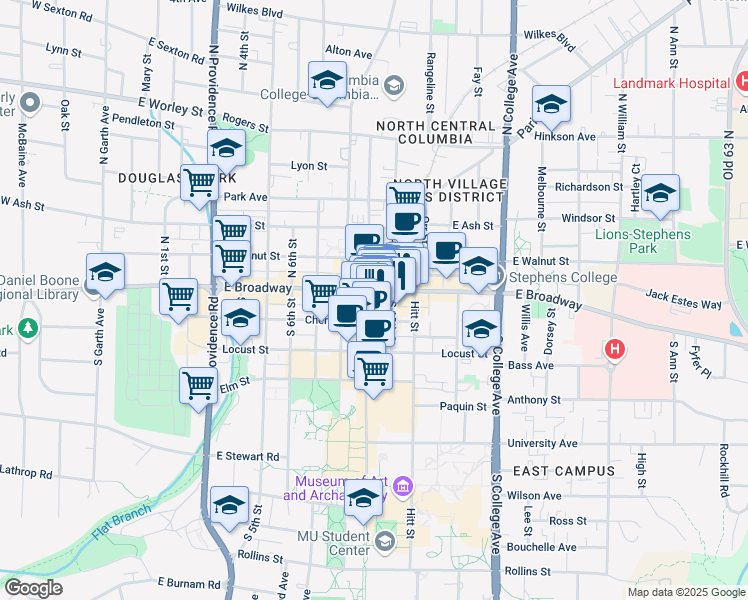 map of restaurants, bars, coffee shops, grocery stores, and more near 904 East Broadway in Columbia