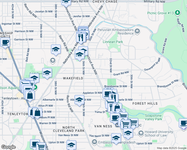 map of restaurants, bars, coffee shops, grocery stores, and more near 4700 Connecticut Avenue Northwest in Washington