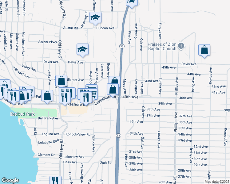map of restaurants, bars, coffee shops, grocery stores, and more near 4456 Manzanita Avenue in Clearlake