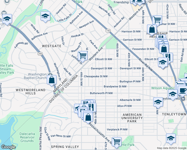 map of restaurants, bars, coffee shops, grocery stores, and more near 4801 Chesapeake Street Northwest in Washington