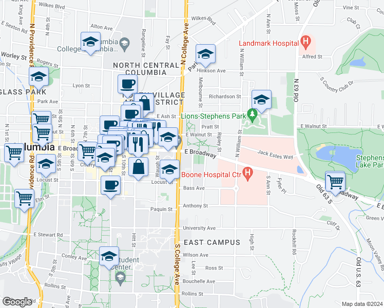map of restaurants, bars, coffee shops, grocery stores, and more near 1 Willis Avenue in Columbia