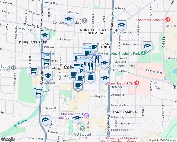 map of restaurants, bars, coffee shops, grocery stores, and more near 1020 East Broadway in Columbia
