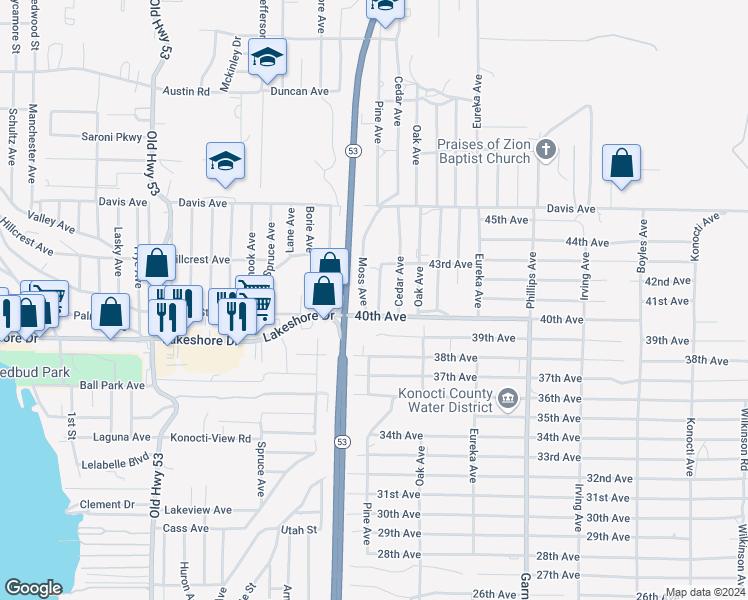 map of restaurants, bars, coffee shops, grocery stores, and more near 4433 Pine Avenue in Clearlake