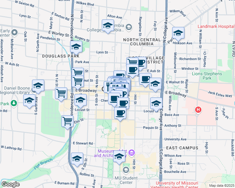 map of restaurants, bars, coffee shops, grocery stores, and more near 8 South 9th Street in Columbia