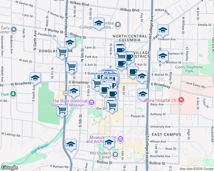 map of restaurants, bars, coffee shops, grocery stores, and more near 8 South 9th Street in Columbia