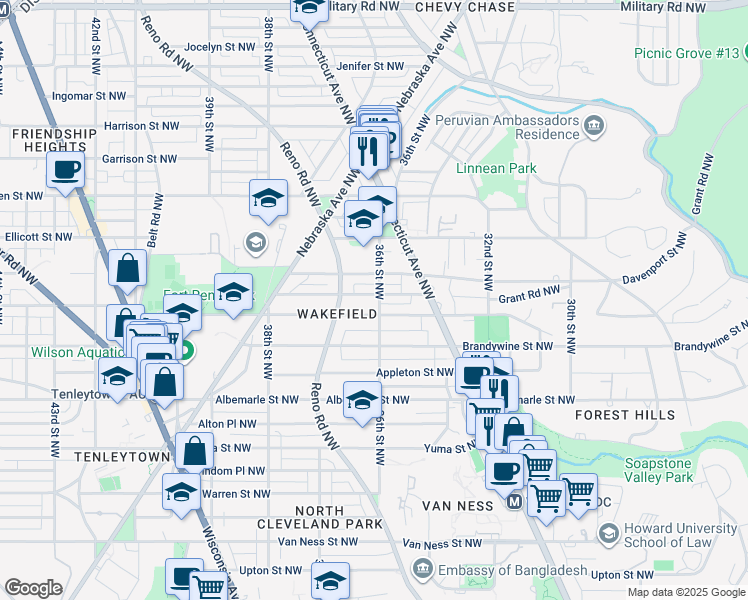 map of restaurants, bars, coffee shops, grocery stores, and more near 3600 Cumberland Street Northwest in Washington