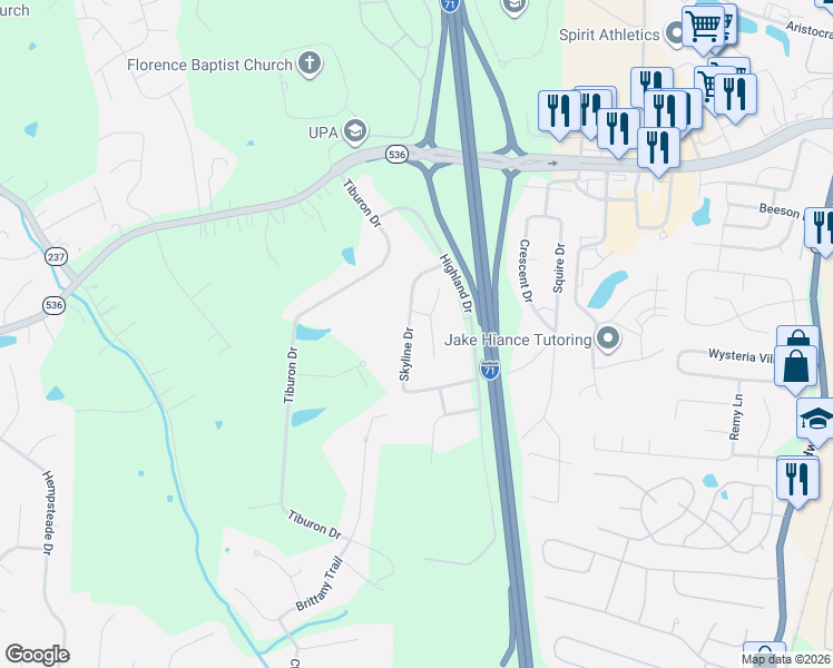 map of restaurants, bars, coffee shops, grocery stores, and more near 10259 Knob Hill Drive in Florence