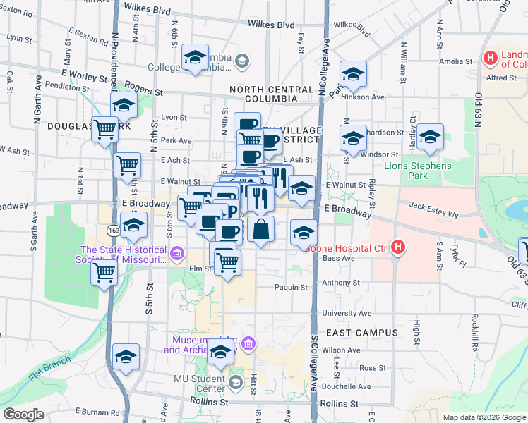 map of restaurants, bars, coffee shops, grocery stores, and more near 1104 East Broadway in Columbia