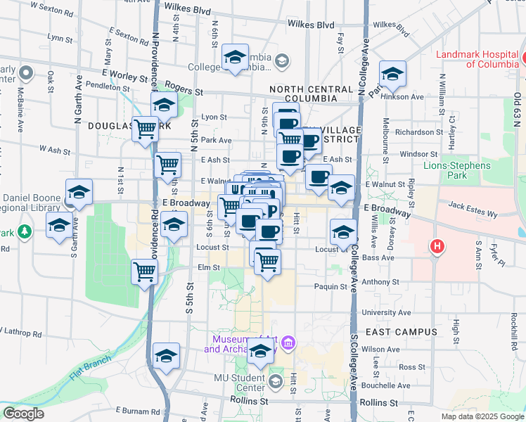 map of restaurants, bars, coffee shops, grocery stores, and more near 27 South 9th Street in Columbia