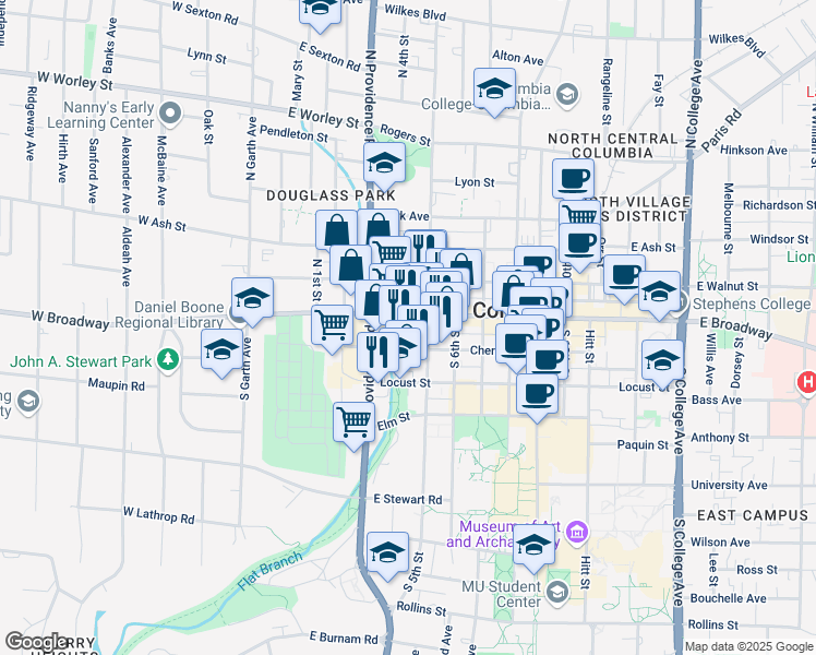 map of restaurants, bars, coffee shops, grocery stores, and more near 402 East Broadway in Columbia