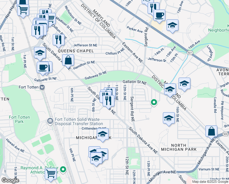 map of restaurants, bars, coffee shops, grocery stores, and more near 5036 11th Street Northeast in Washington
