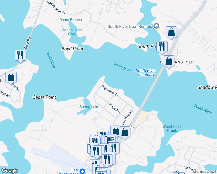 map of restaurants, bars, coffee shops, grocery stores, and more near 209 Edgewater Drive in Edgewater
