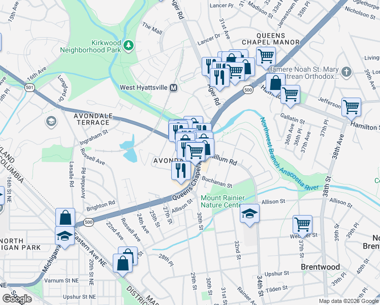 map of restaurants, bars, coffee shops, grocery stores, and more near 2480 Chillum Rd in Chillum