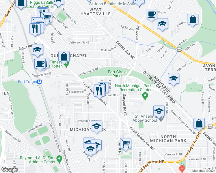map of restaurants, bars, coffee shops, grocery stores, and more near 5036 11th Street Northeast in Washington