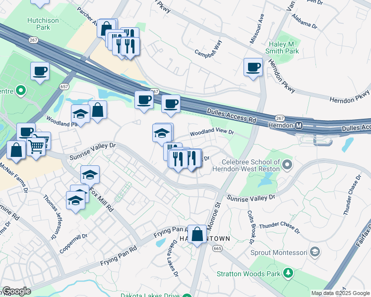 map of restaurants, bars, coffee shops, grocery stores, and more near 13031 Hattontown Square in Herndon