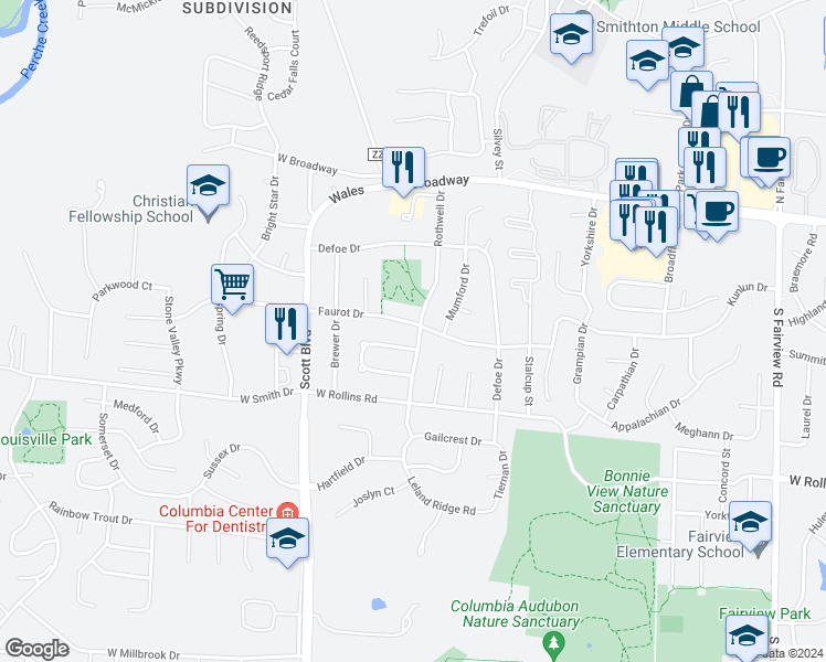 map of restaurants, bars, coffee shops, grocery stores, and more near 4002 Faurot Drive in Columbia