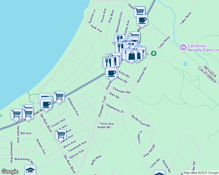 map of restaurants, bars, coffee shops, grocery stores, and more near 3880 Pioneer Trail in South Lake Tahoe